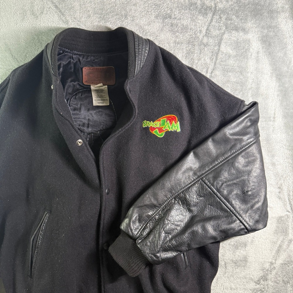 VTG Witty Space Jam Varsity Jacket Leather Sleeves Snap Wool Taz Back (Read)